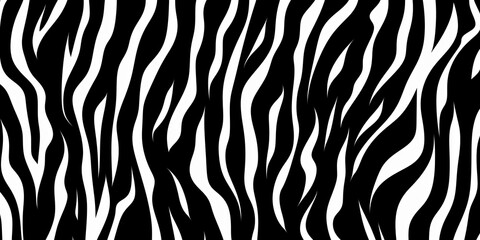 Seamless vertical zebra skin or tiger stripe pattern.Tileable black and white safari wildlife animal print background texture. Monochrome warbled abstract wavy wonky glitch lines fur coat,Generative A - obrazy, fototapety, plakaty