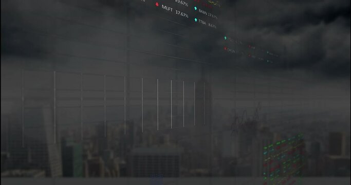 Animation of multiple graphs and trading boards over modern cityscape against cloudy sky