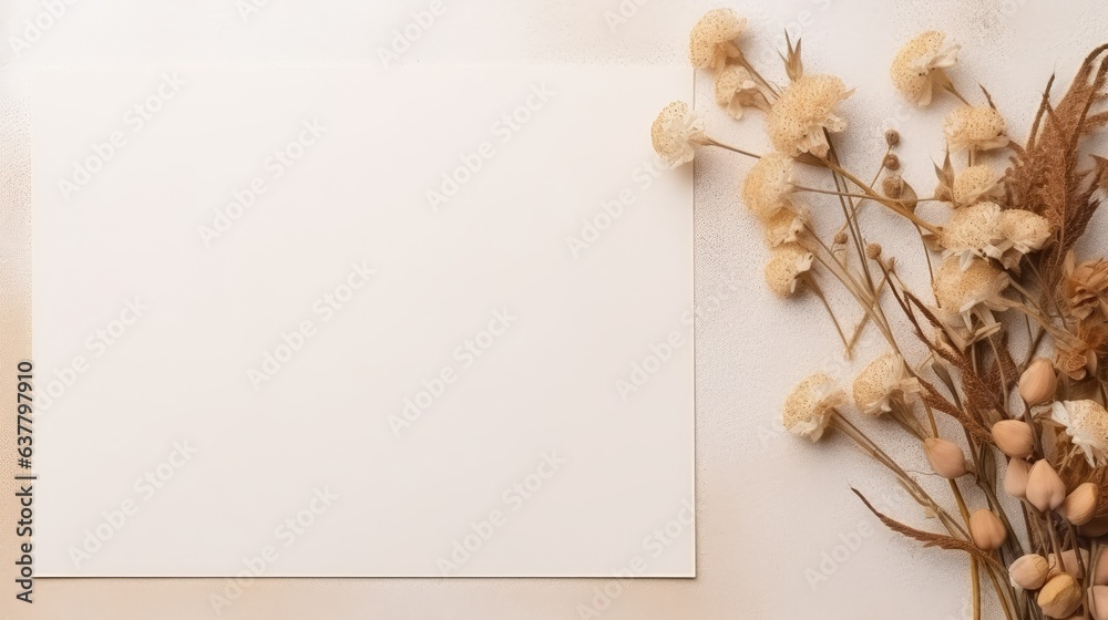 Poster Empty white paper with flowers and a branch on beige background Invitation card mockup on table Flat lay top view copy space mockup