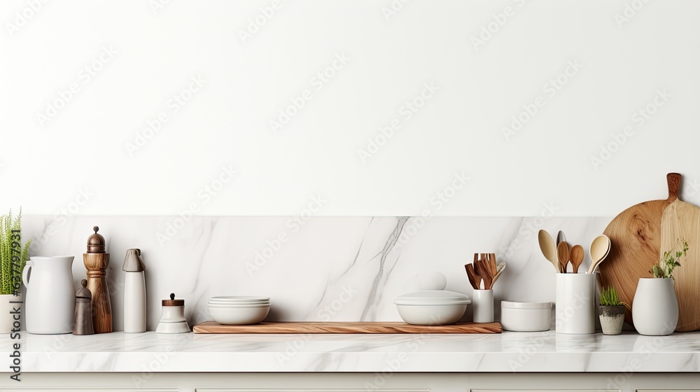 Aufkleber modern kitchen setting with utensils on countertop space for text viewed from the front. mockup imag