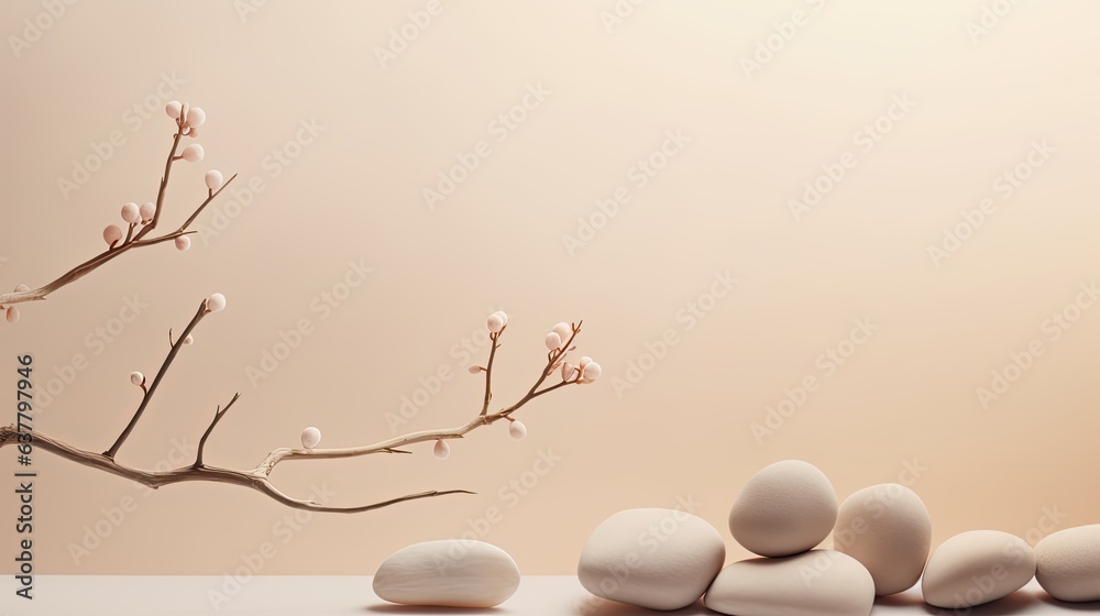 Canvas Prints Neutral background with stones branch and natural colors ideal for beauty product branding and packaging Front perspective copy space. Mockup image