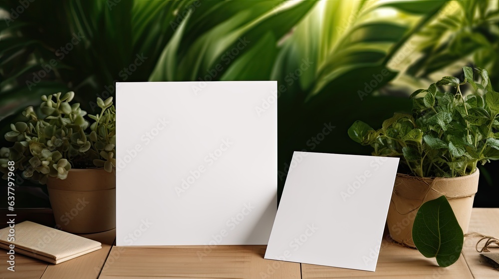 Poster Table with blank cards for business branding and copy space. Mockup image