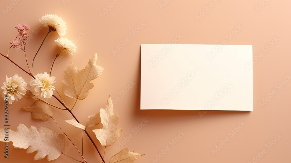 Aufkleber minimal brand template with blank card and floral shadows on beige background for top view flat lay 
