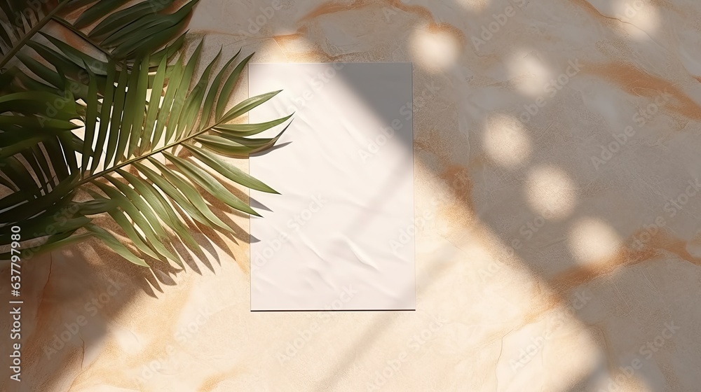 Aufkleber mockup card with copy space and palm leaf on marble table in soft sunlight with shadow silhouette