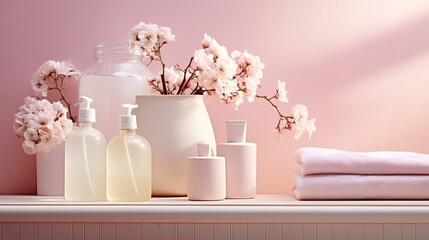 Fototapeta na wymiar Pastel pink bathroom decor with elegant accessories and soft lighting. Mockup image