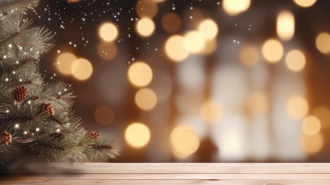 Winter Christmas product display template with empty wooden table fir branches and lights. Mockup image