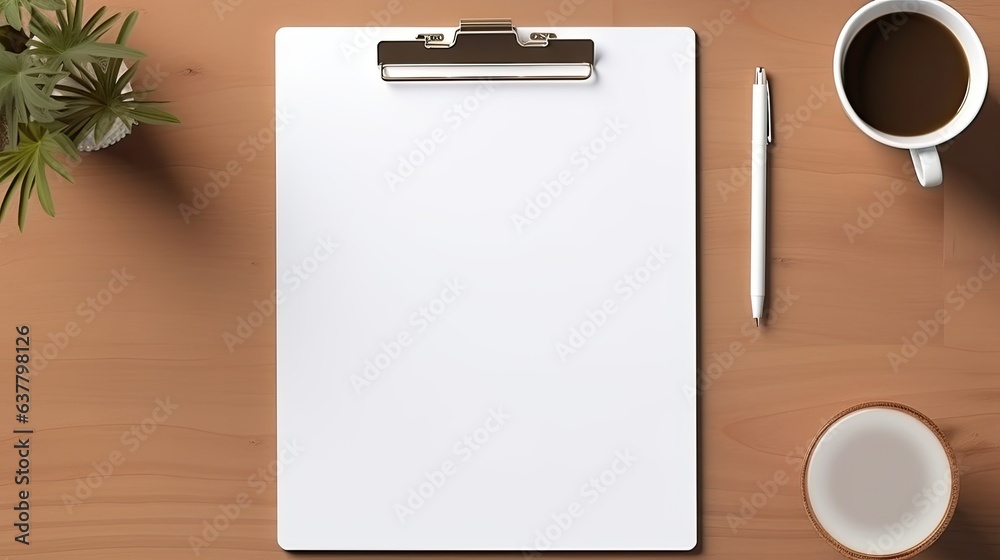 Poster a blank paper sheet on a tablet like pad displayed on an artist s desk in a home office with a mocku