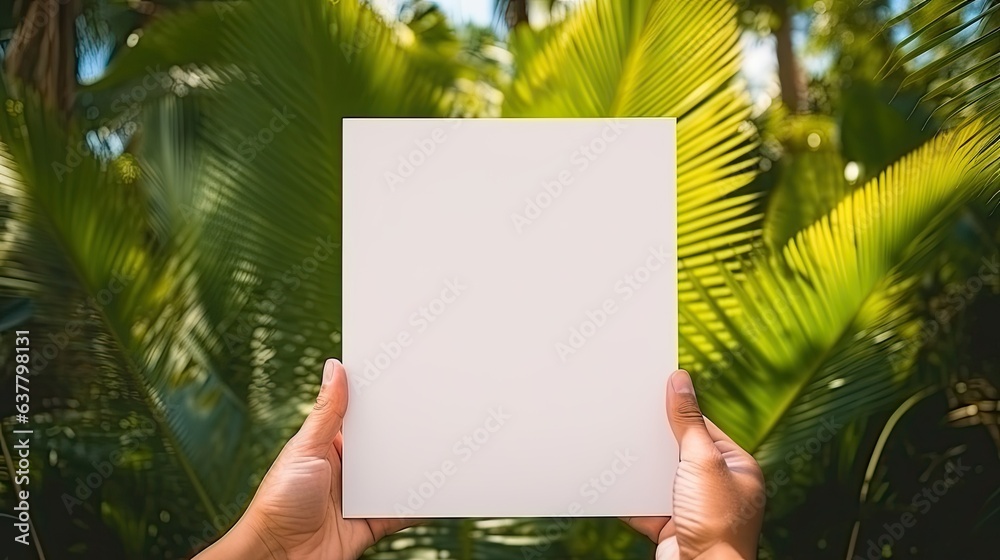 Poster palm leaf on table with square invitation card mockup