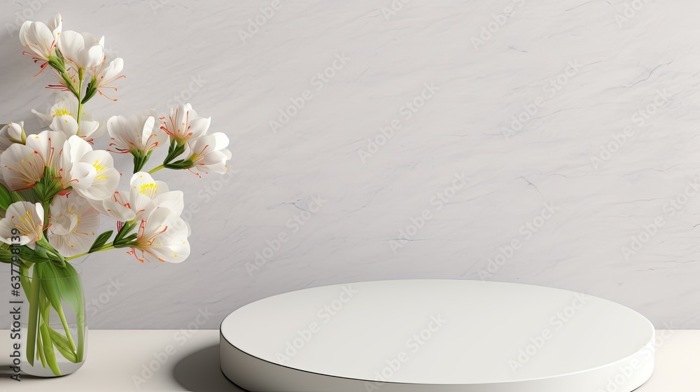 Aufkleber round empty podium with white flowers on light grey background natural frame for advertising copy sp