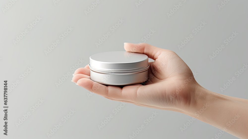 Aufkleber hand of woman holding empty circular tin container for lip balm or cream on light gray background co