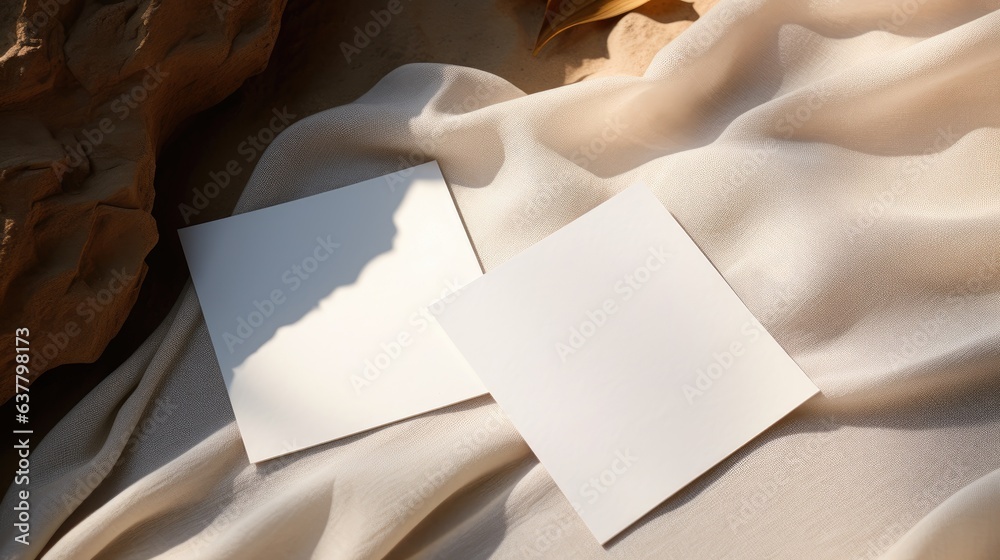 Poster Two blank paper cards with space for text on a textured background for business branding or invitations. Mockup image