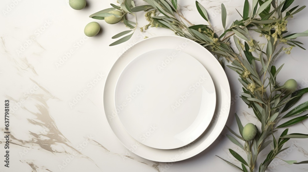 Aufkleber Top view of an elegant wedding table with invitation card and porcelain plates adorned with olive branches A modern template with a blank vertical paper card lai. Mockup image