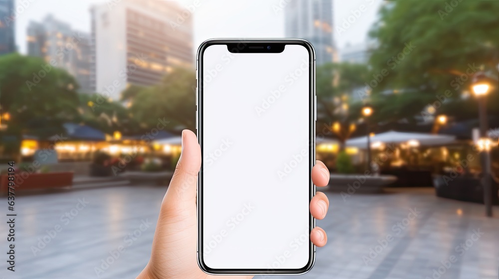 Poster hand holding a cell phone with a blank screen for texting outdoors representing business contact com