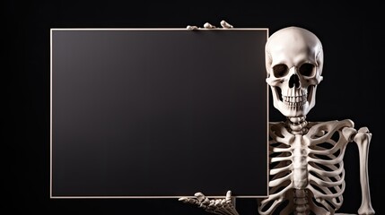 Skeleton holding black empty card on black background mockup for Halloween card