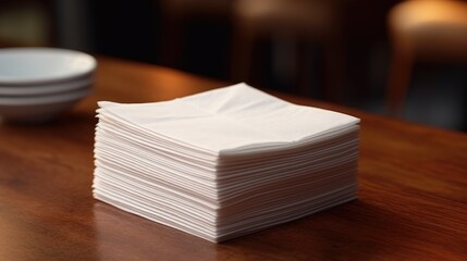 Stack of paper napkins with empty space for logo or design . Mockup image - obrazy, fototapety, plakaty