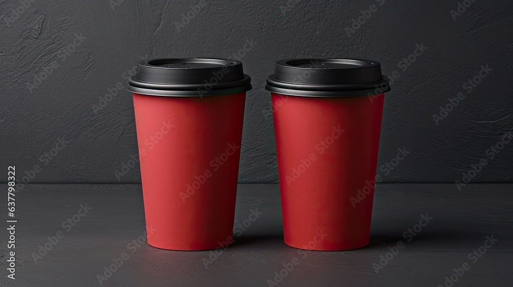 Aufkleber two disposable coffee cups with lids and a blank business card on a concrete background. mockup imag