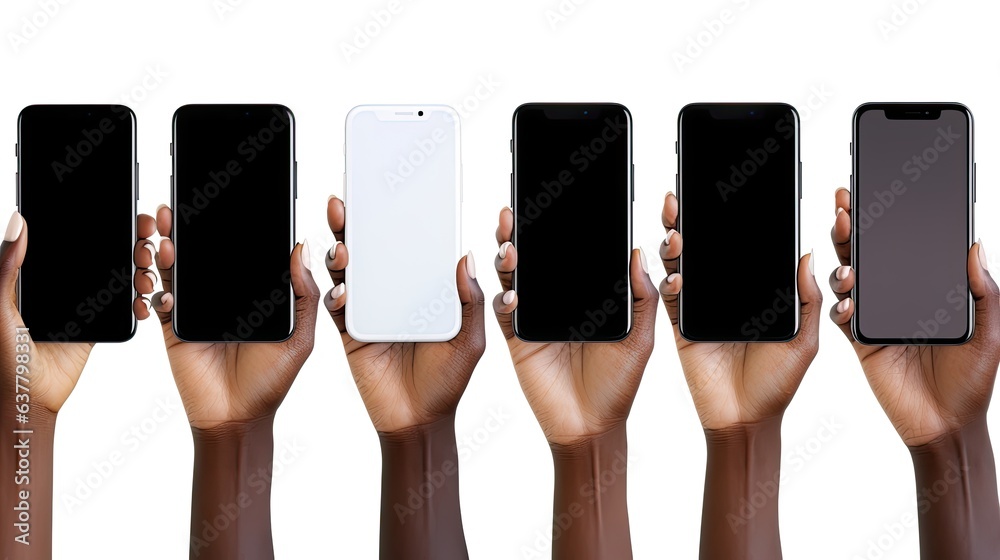 Aufkleber a black woman using a smartphone to browse the internet and present a blank screen for free use with