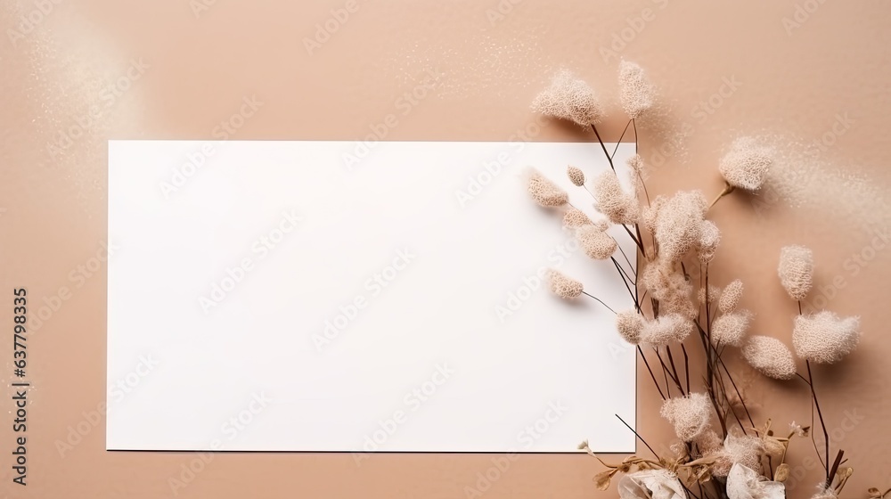Aufkleber Empty white paper with flowers and a branch on beige background Invitation card mockup on table Flat lay top view copy space mockup