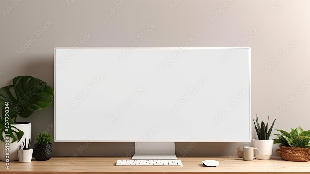 Fototapete Minimal office space with computer and blank screen decorated and available for use. Mockup image