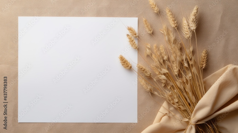 Poster paper card with linen cloth dry oats top view beige neutral tone copy space for text brand and desig