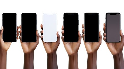Obraz na płótnie Canvas A black woman using a smartphone to browse the internet and present a blank screen for free use with various hand orientations isolated on a white background. Mockup image
