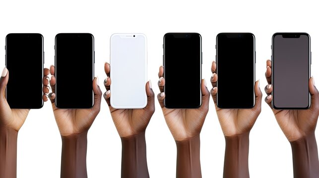 A black woman using a smartphone to browse the internet and present a blank screen for free use with various hand orientations isolated on a white background. Mockup image