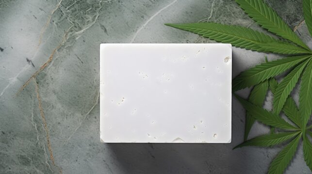 CBD soap with blank label next to cannabis leaves on marble table . Mockup image