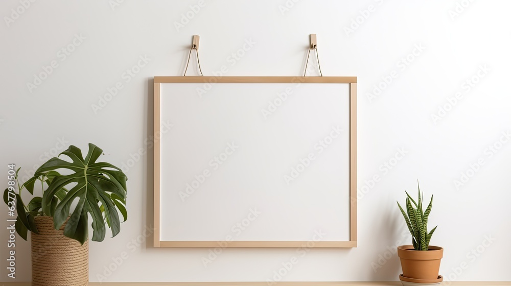 Poster woman displaying empty wooden poster frame on wall minimalistic art idea . mockup image