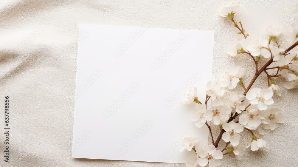 Poster neutral background with floral branch and copy space card wedding and birthday invitation template f