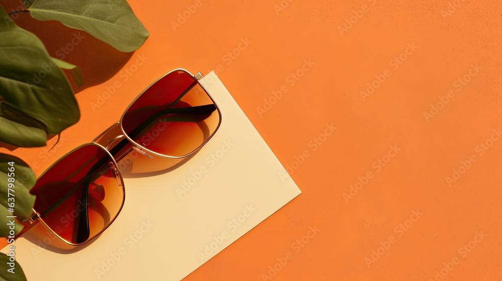Aufkleber minimal aesthetic business brand template with empty card glasses orange background and sunlight sha