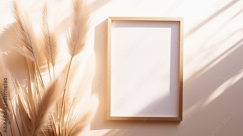 Aufkleber top view flat lay mockup with blank photo frame dried pampas grass and pastel background for logo or