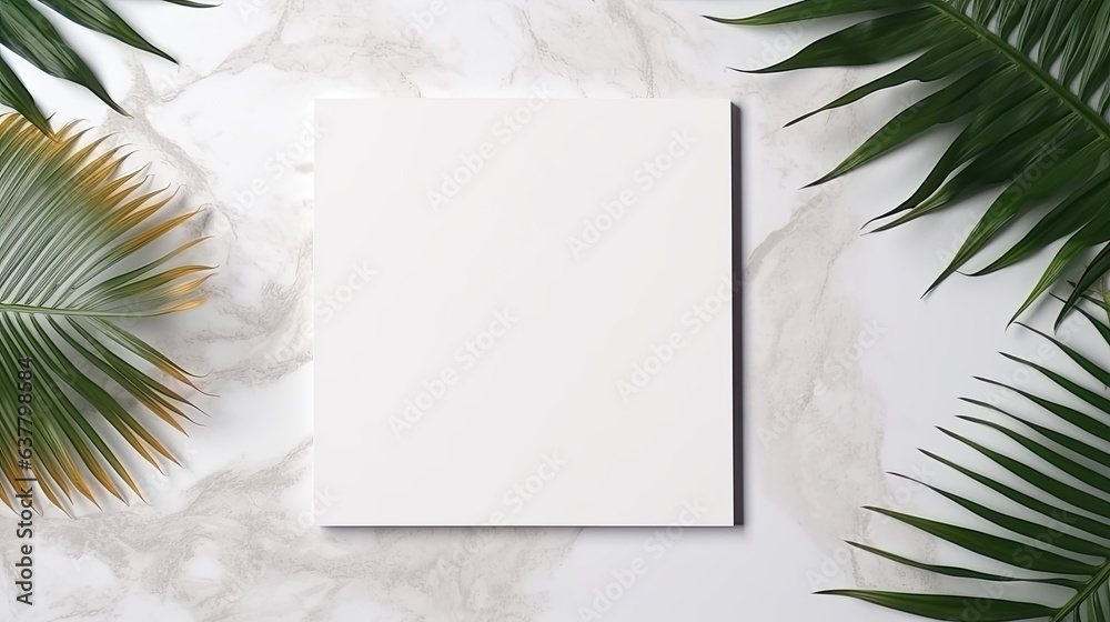Poster minimalist brand template with blank card on marble background adorned with a dried palm leaf. mocku
