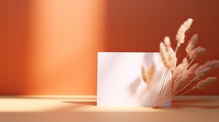 Orange background with blank cards dry grass and shadows. Mockup image