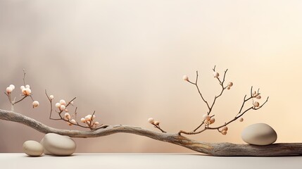 Neutral background with stones branch and natural colors ideal for beauty product branding and packaging Front perspective copy space. Mockup image