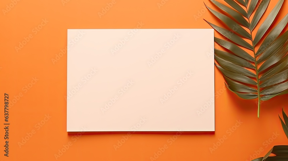 Poster Minimal brand template with dried palm leaf on orange background featuring blank paper cards for mockup Flat lay top view