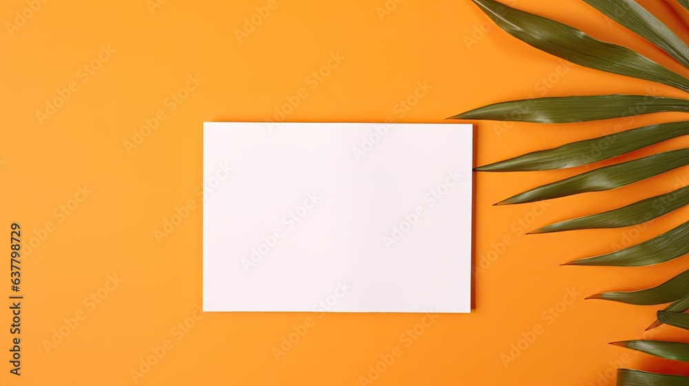 Poster Minimal brand template with dried palm leaf on orange background featuring blank paper cards for mockup Flat lay top view