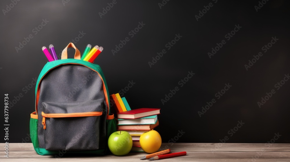 Poster mockup template featuring colorful crayons on a blackboard background along with a backpack books an