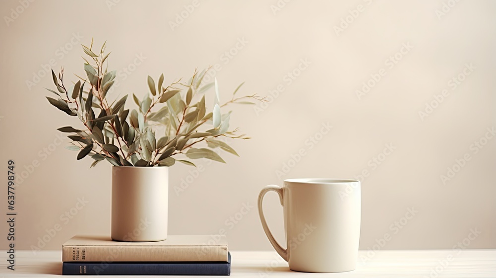 Poster Eucalyptus branch in a modern vase coffee and old books on wooden table Empty mockup of beige wall Elegant living room with Scandinavian minimalist d