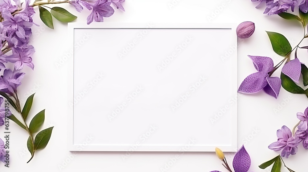 Poster Purple violet flowers and leaves create an elegant frame with space for mockup copy It s a top view template for branding blogs websites and social media
