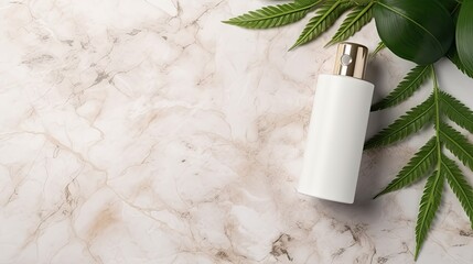 Obraz na płótnie Canvas Mockup of organic skincare beauty product with blank label placed on marble table surrounded by green cannabis leaves and beige stones Copy space provided Eco fr