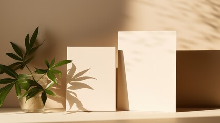 Minimalist template for business branding with blank cards floral shadows and sunlight on a beige background . Mockup image