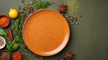 Top view of an orange plate with spices and herbs on an abstract background food mockup - obrazy, fototapety, plakaty