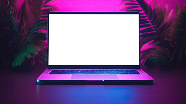 Neon lit laptop mockup with blank white screen in blue purple environment