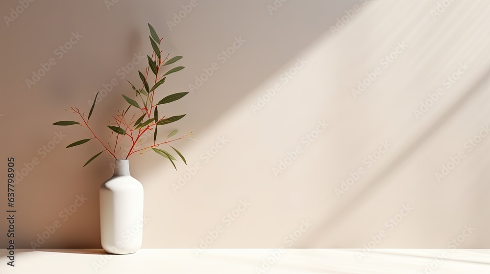 Aufkleber Minimalist botanical backdrop for product display or promotion Neutral tones light and shadow Front view with space for copy or packaging. Mockup image