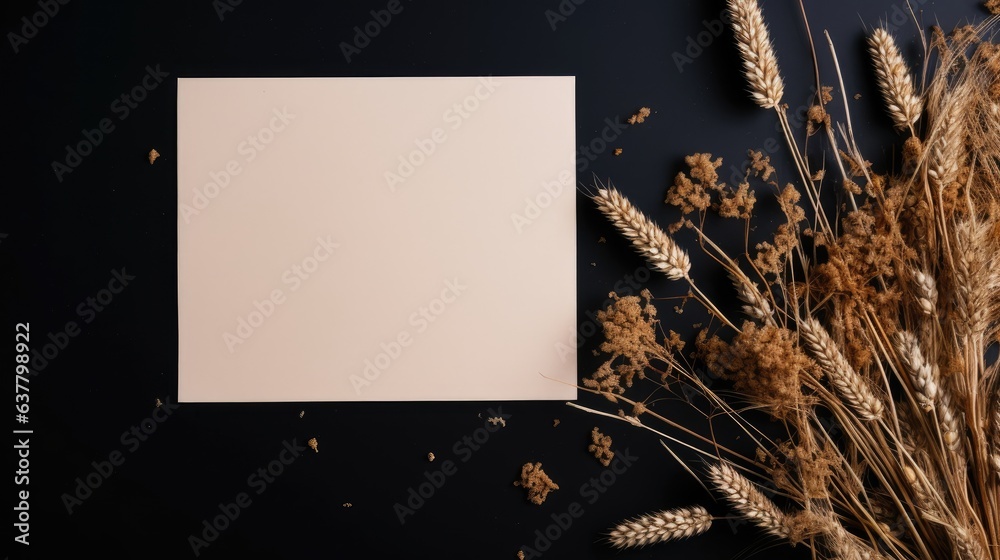 Aufkleber minimal brand template with blank paper cards on dark background dried grass stems included top view