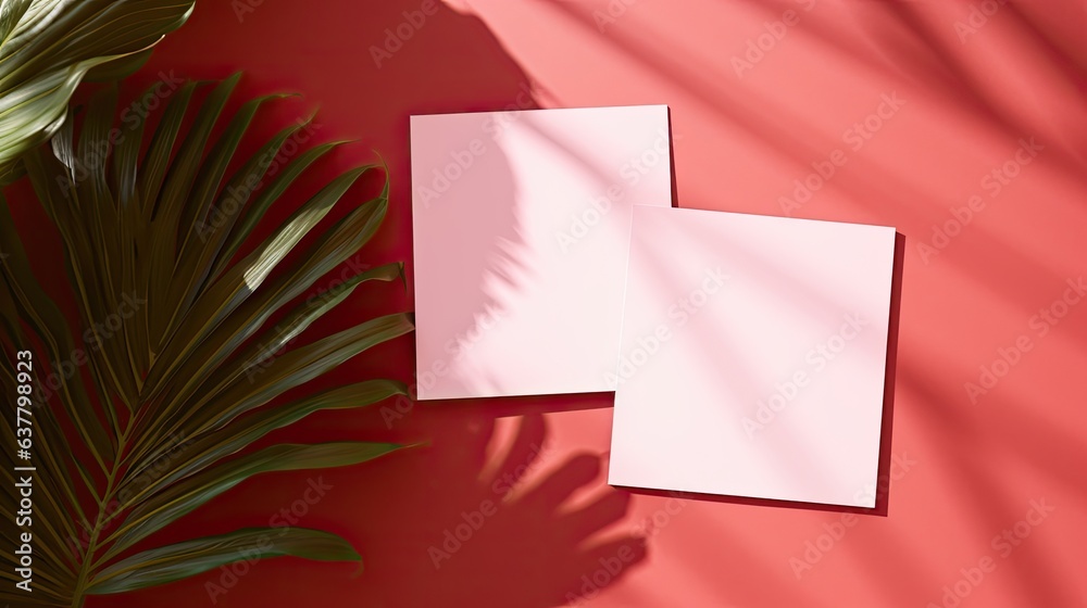 Aufkleber minimal business brand template with blank cards dry palm leaf and shadows on red background viewed 