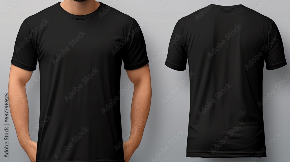 Poster Young male wearing a solid black t shirt shown from the front and back set against a white background with a clipping path Creating a template and mock up for pr. Mockup image