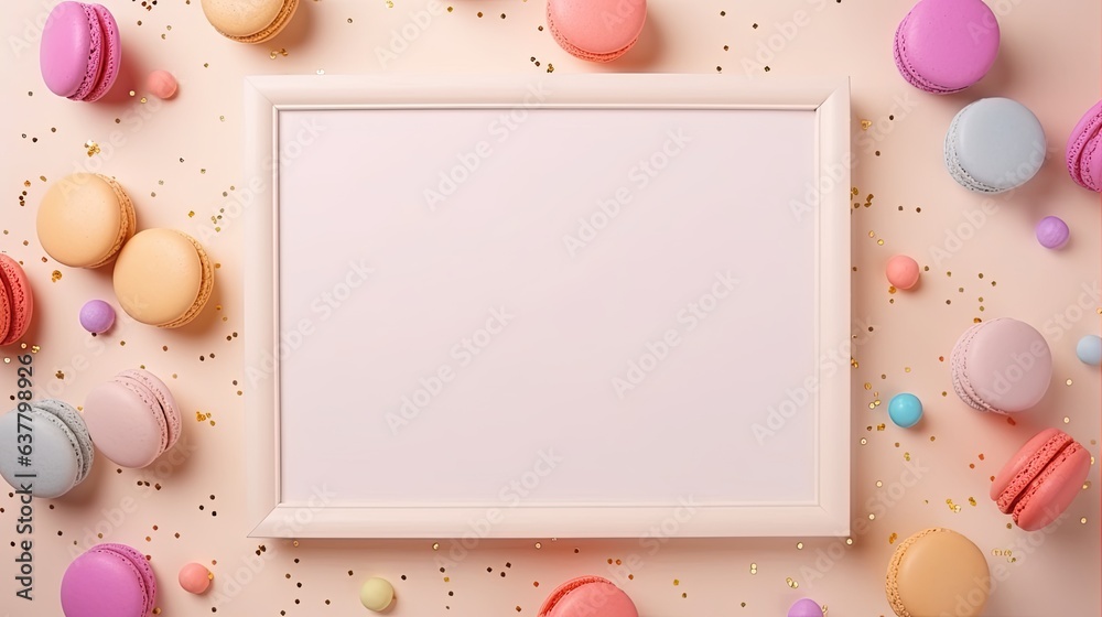 Aufkleber colorful macaroons on a beige background in a square frame perfect for invitations to parties or cel