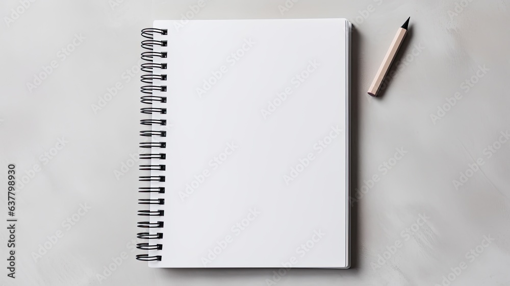 Fototapete Gray table with mockup of school notebook spiral notepad Empty space