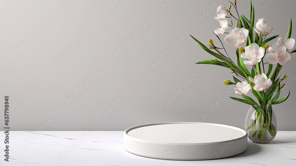 Aufkleber round empty podium with white flowers on light grey background natural frame for advertising copy sp